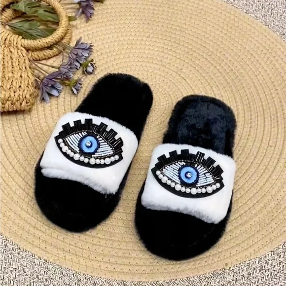 Bejeweled Evil Eye Slippers, Evil Eye Fuzzy Slippers - Picture 4 of 10
